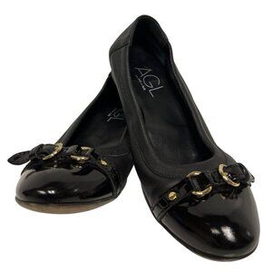 AGL Monika Women's Cap Toe Ballet Flat Black Gold Buckle Leather Italy Size 36.5
